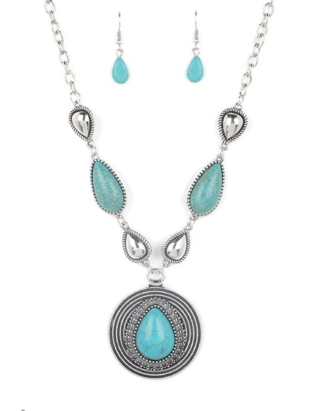Western Turquoise Teardrop Pendant Necklace and Earring Set - Women Jewelry